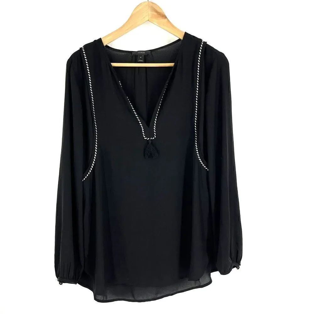 J Crew Shirt Size 4 Women Black Tassel Trim Blouse Chiffon Sheer Top Long Sleeve